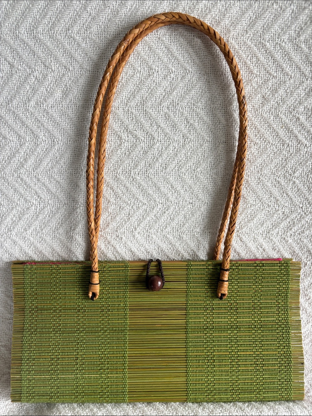 NWOT Vintage East Additions Green Bamboo Slat Purse Hot Pink Boho Resort Bag